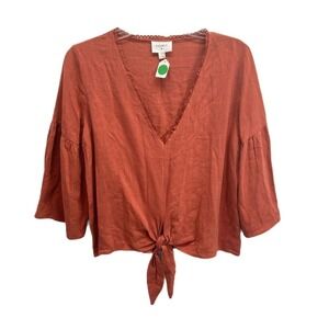 Everly Top Women Small Rust Crochet V Neck Waist Tie Linen Blend Blouse NEW